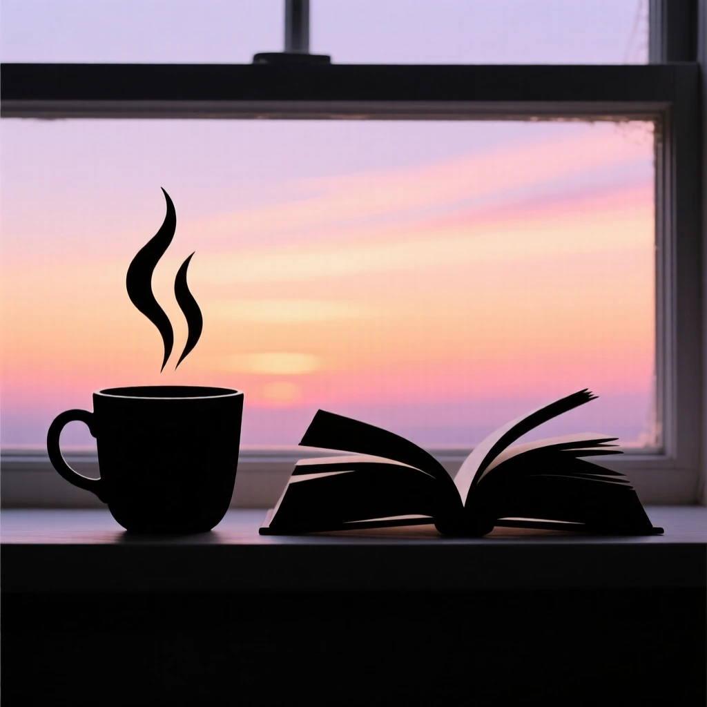 A single hot cup of tea steaming beside an open book on a windowsill.