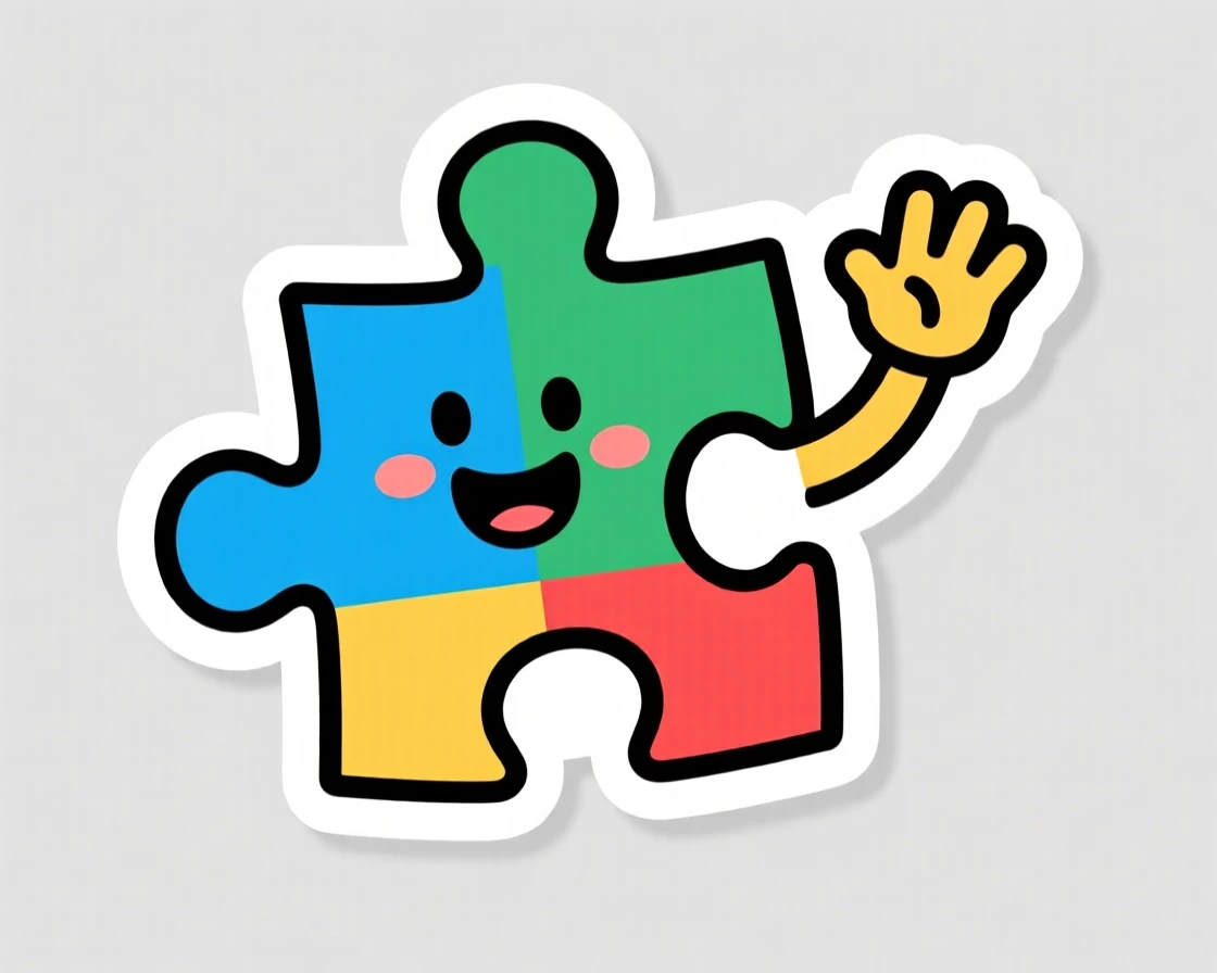 A gently expressive smiling cartoon puzzle piece fitting into place, waving hello with excitement, in a colorful and encouraging style.