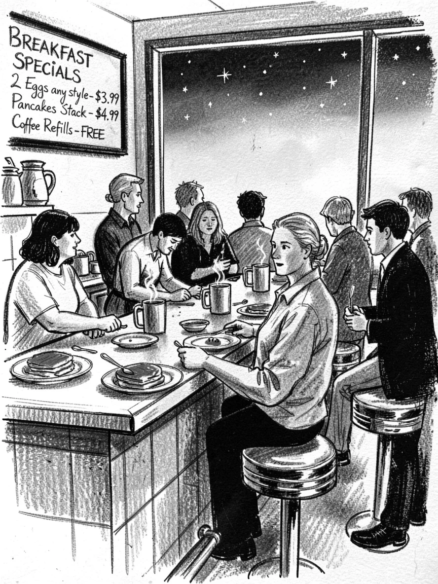 A busy diner counter during the breakfast rush, as the first stars appear overhead.