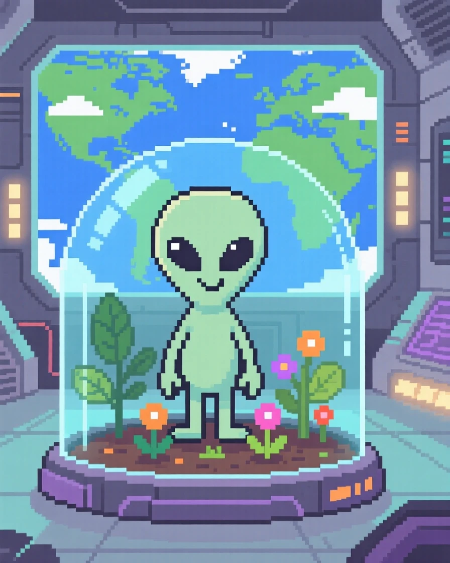 A friendly alien creature with big eyes planting a small garden inside a glass dome, inside a space station overlooking Earth.