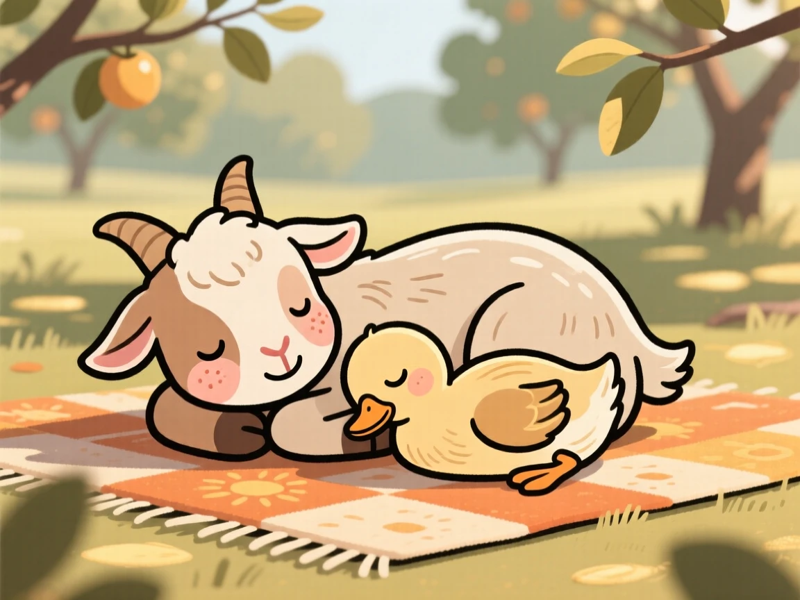 A baby goat curls up beside a sleeping duckling on a sunlit rug, both worn out after an afternoon of wandering the orchard.