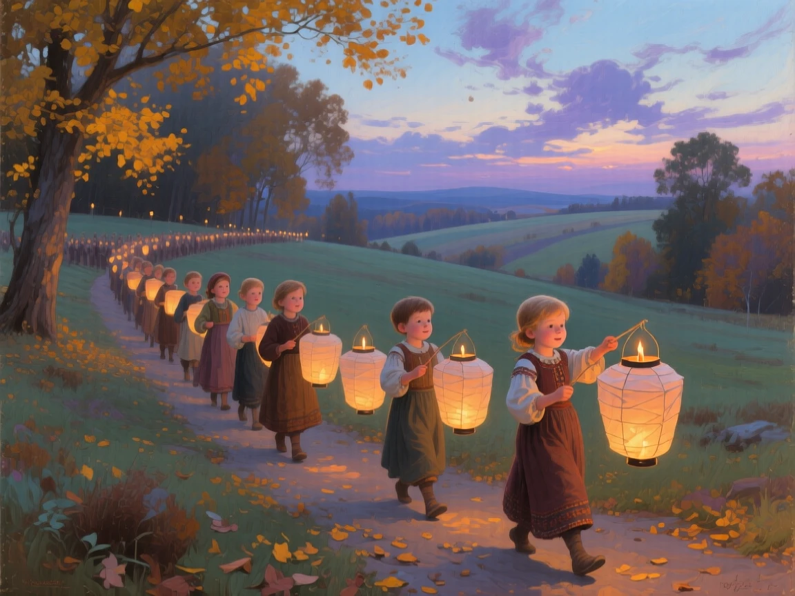 A grand panoramic scene of children carrying paper lanterns during an evening festival procession, beneath drifting clouds, as autumn leaves turn gold.
