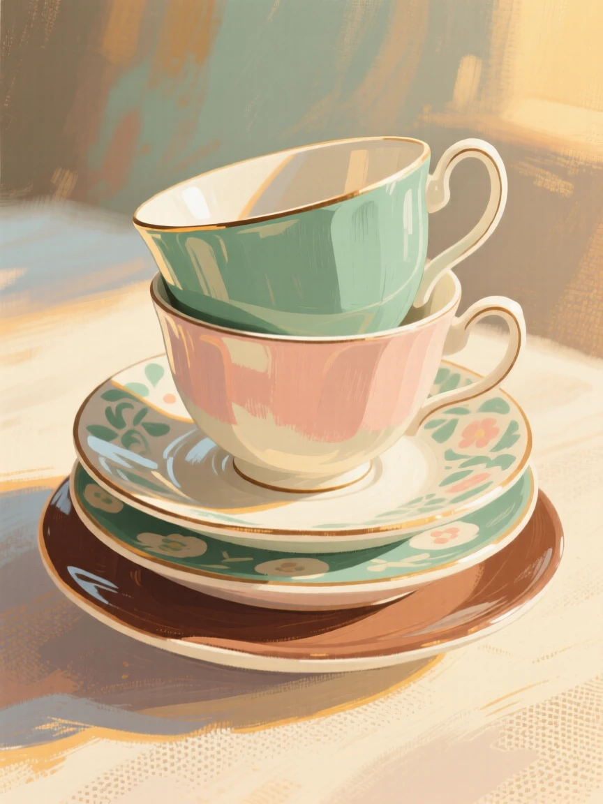 A set of hand-painted teacup saucers stacked by pattern