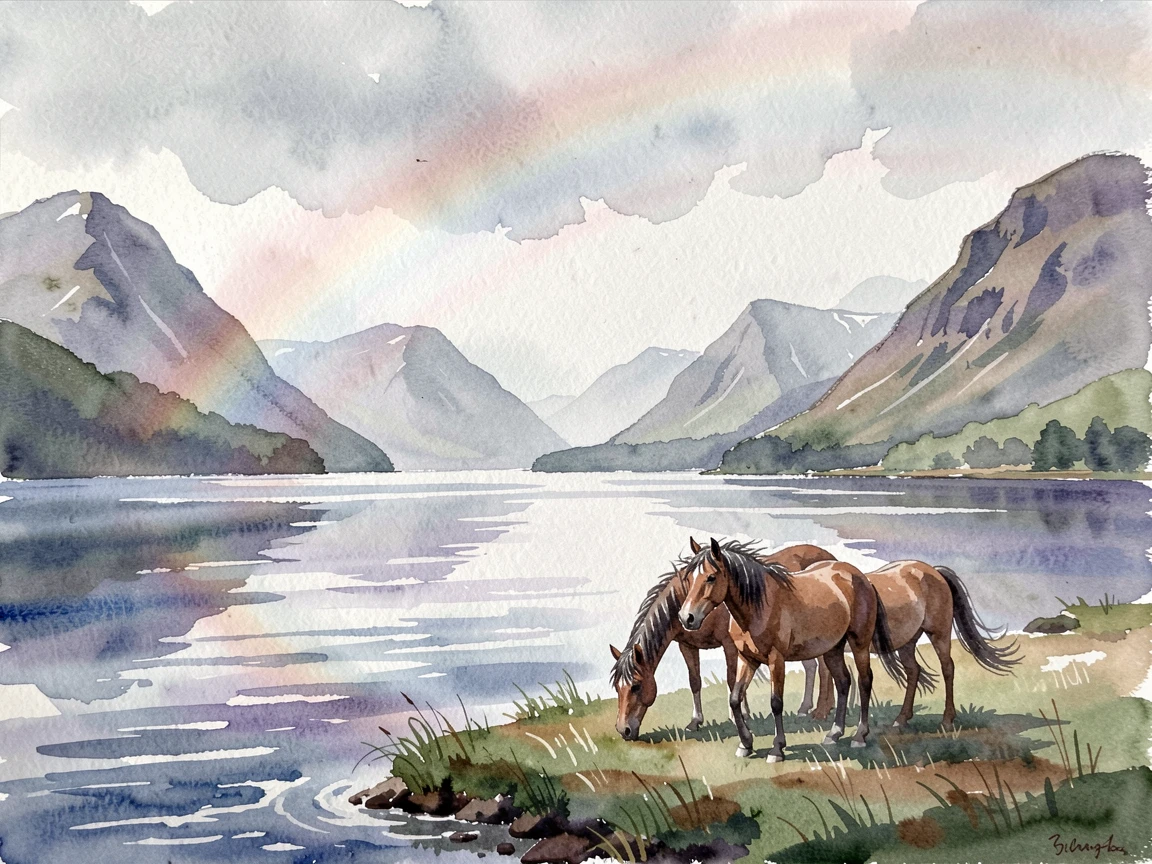 A tranquil fjord beneath a rainbow after rain with wild horses grazing nearby.