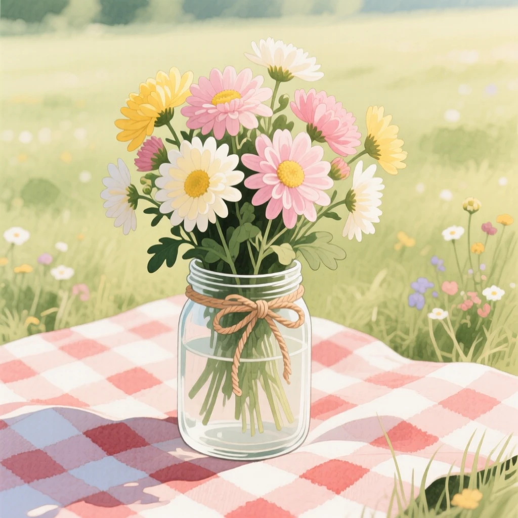 A bouquet of chrysanthemums in soft, layered tones fills a mason jar tied with twine on a picnic blanket in a meadow, petals catching the gentle light