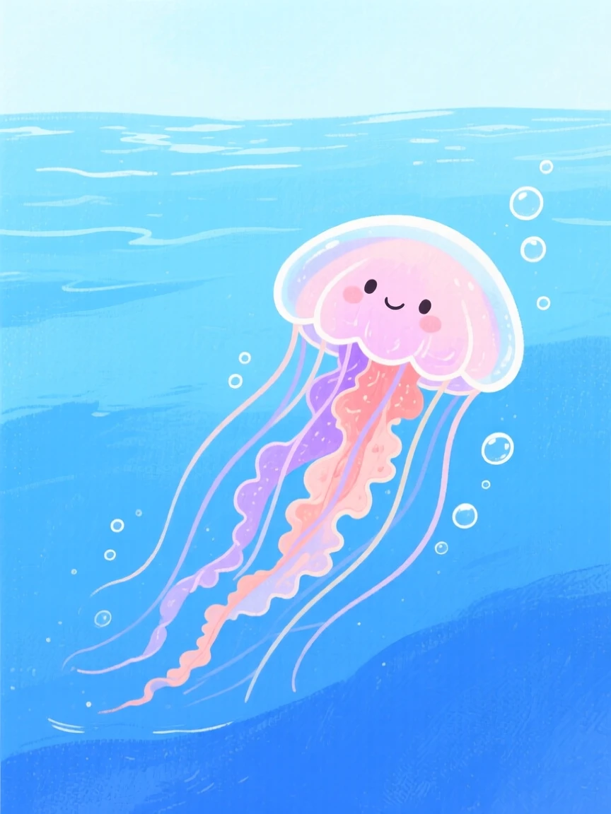 A jellyfish drifting gracefully through blue water, captured in a moment of quiet wonder.