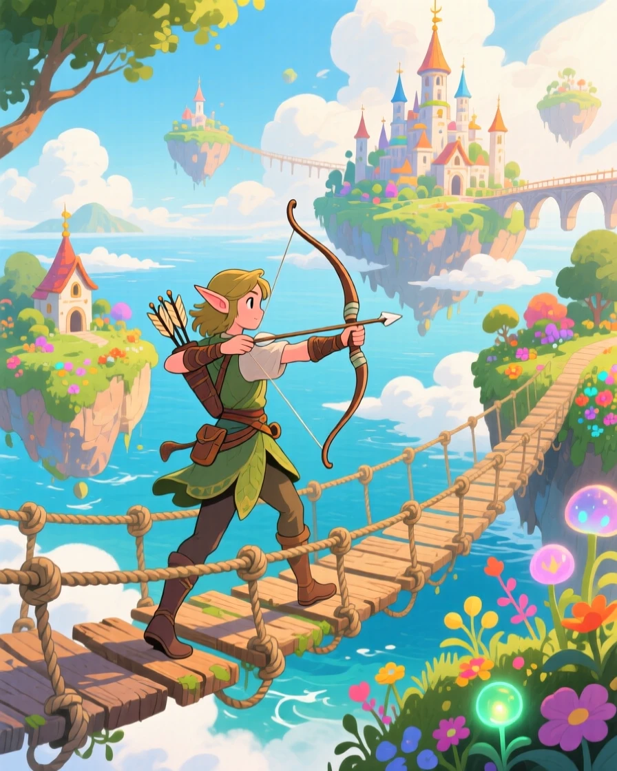 An elven archer crossing a rope bridge suspended between floating islands, in a floating island kingdom above the clouds, filled with wonder and magical excitement.