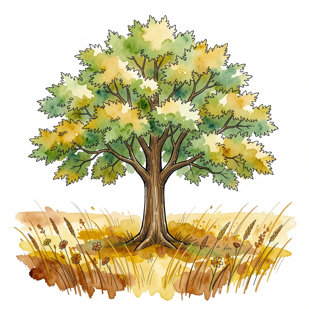 A single tree standing green and full amid a field of autumn gold, a quiet sense of hope and possibility filling the scene.