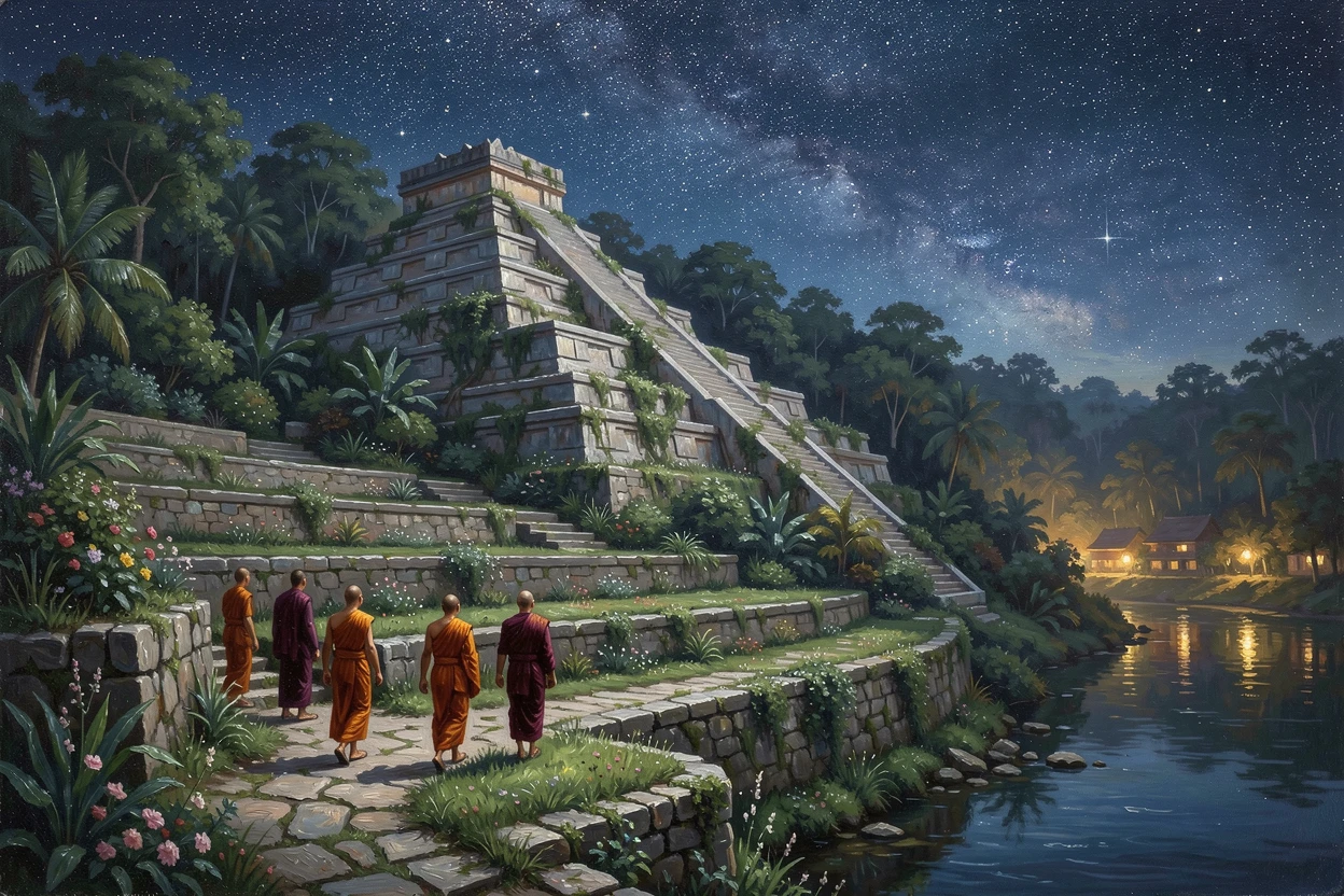 Beside terraced gardens that step down toward the water, an ancient stepped pyramid rising above the jungle canopy, monks walking quietly along an ancient stone path, under a canopy of stars, distant lights twinkling below.