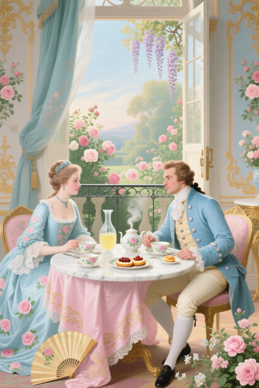 A prince and princess sharing a quiet breakfast beside an open terrace door  