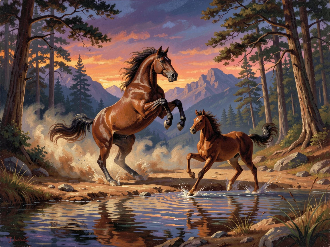 A foal and its mother rears before a charge upon a shallow river ford at twilight as dust rises from the ground.