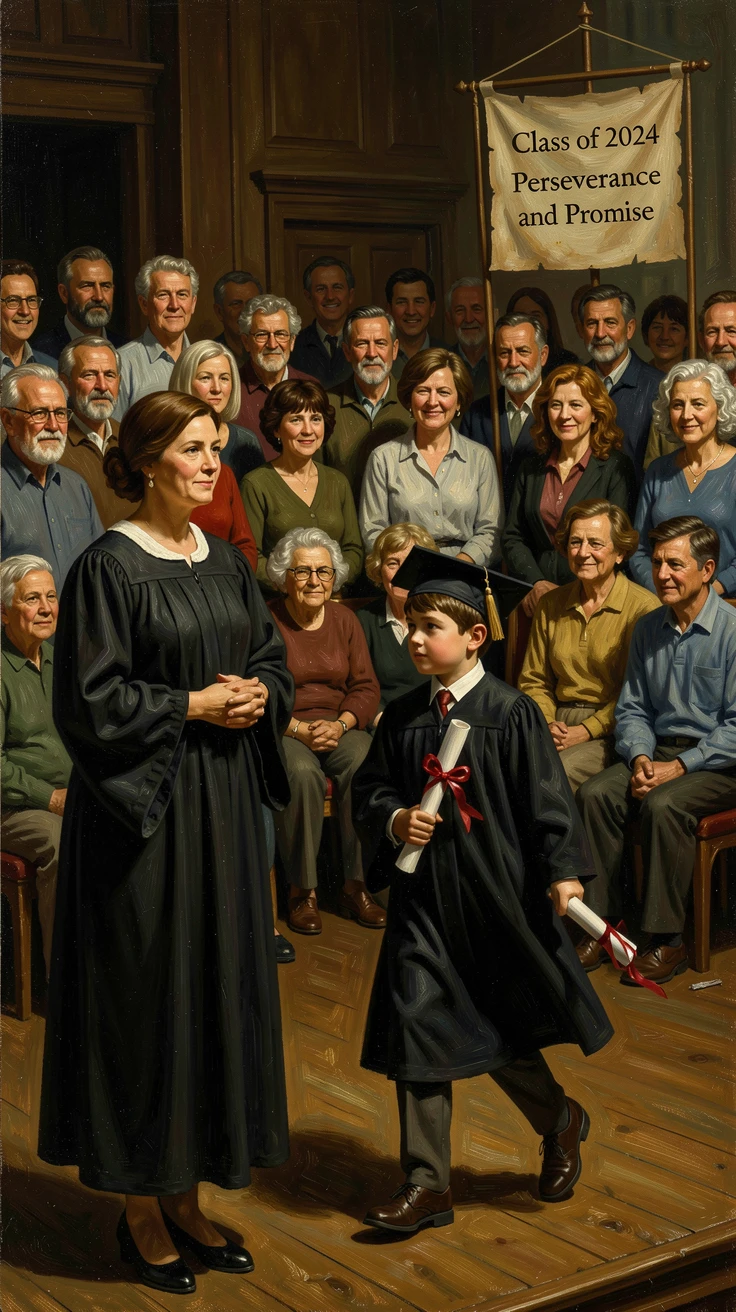 A mother watching proudly as her once-struggling child walks confidently across a graduation stage, with the surrounding crowd or community sharing in the emotion, evoking deep emotion and a profound sense of shared humanity