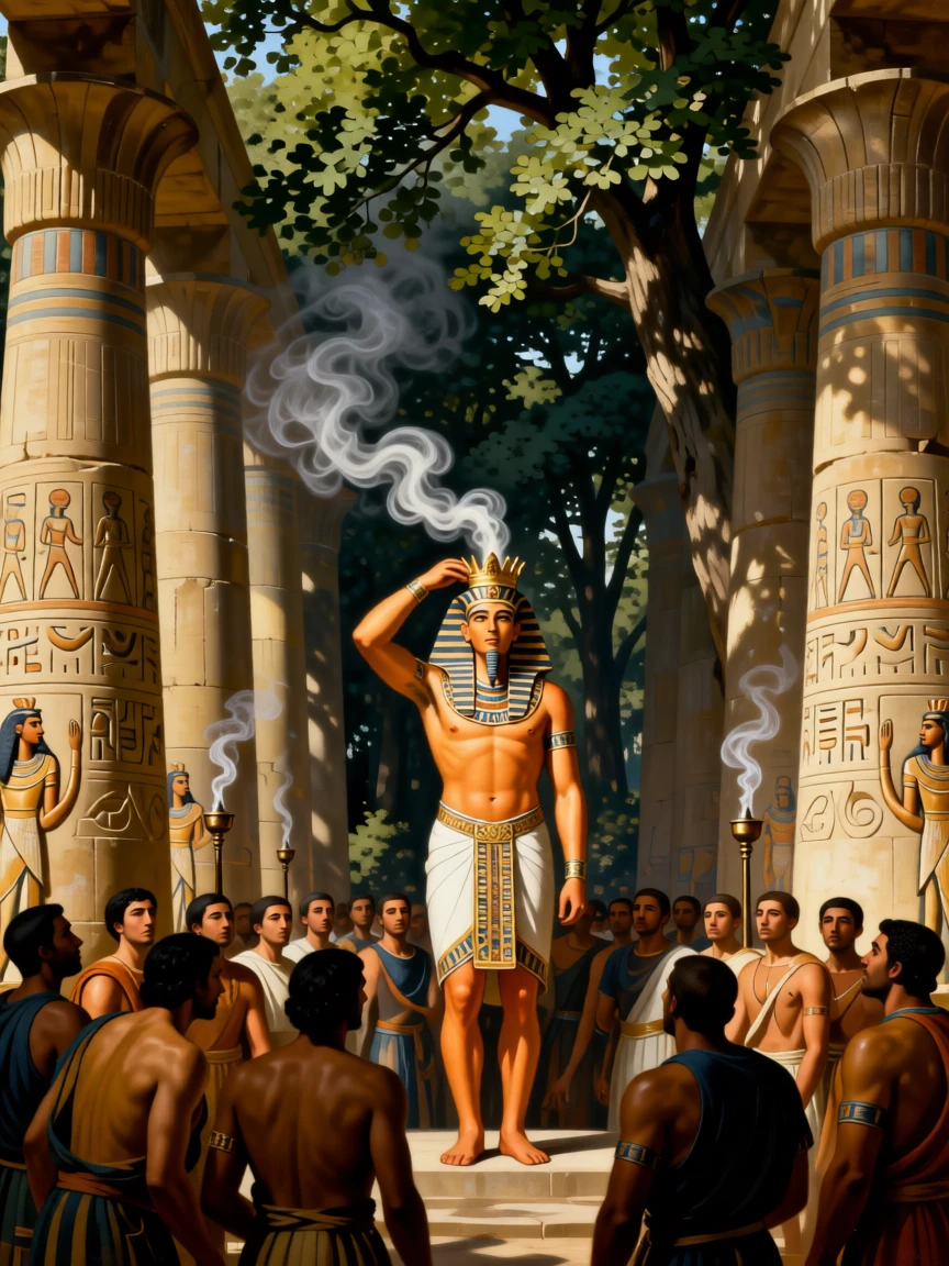 The Egyptian pharaoh being crowned beneath towering stone pillars at the exact instant fate is sealed, set beneath a canopy of ancient oaks in a sacred grove, as smoke from ceremonial braziers curls upward past carved friezes; the crowd forms a natural frame around the central action, charged with heroic resolve and quiet foreboding.