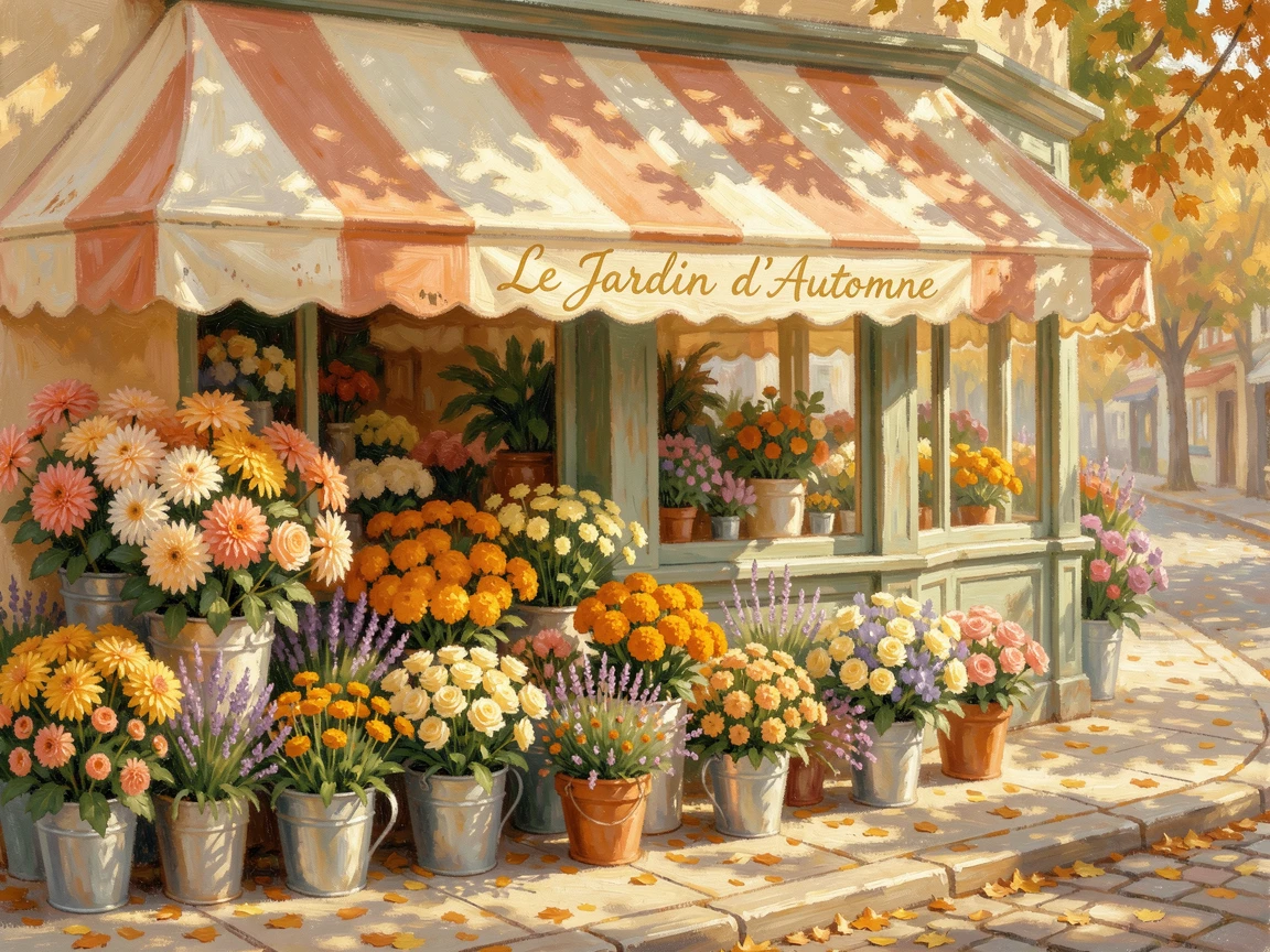 A charming flower shop with buckets of fresh blooms spilling onto the sidewalk beneath a striped awning, in the golden days of autumn, inspiring awe at the beauty of the scene.