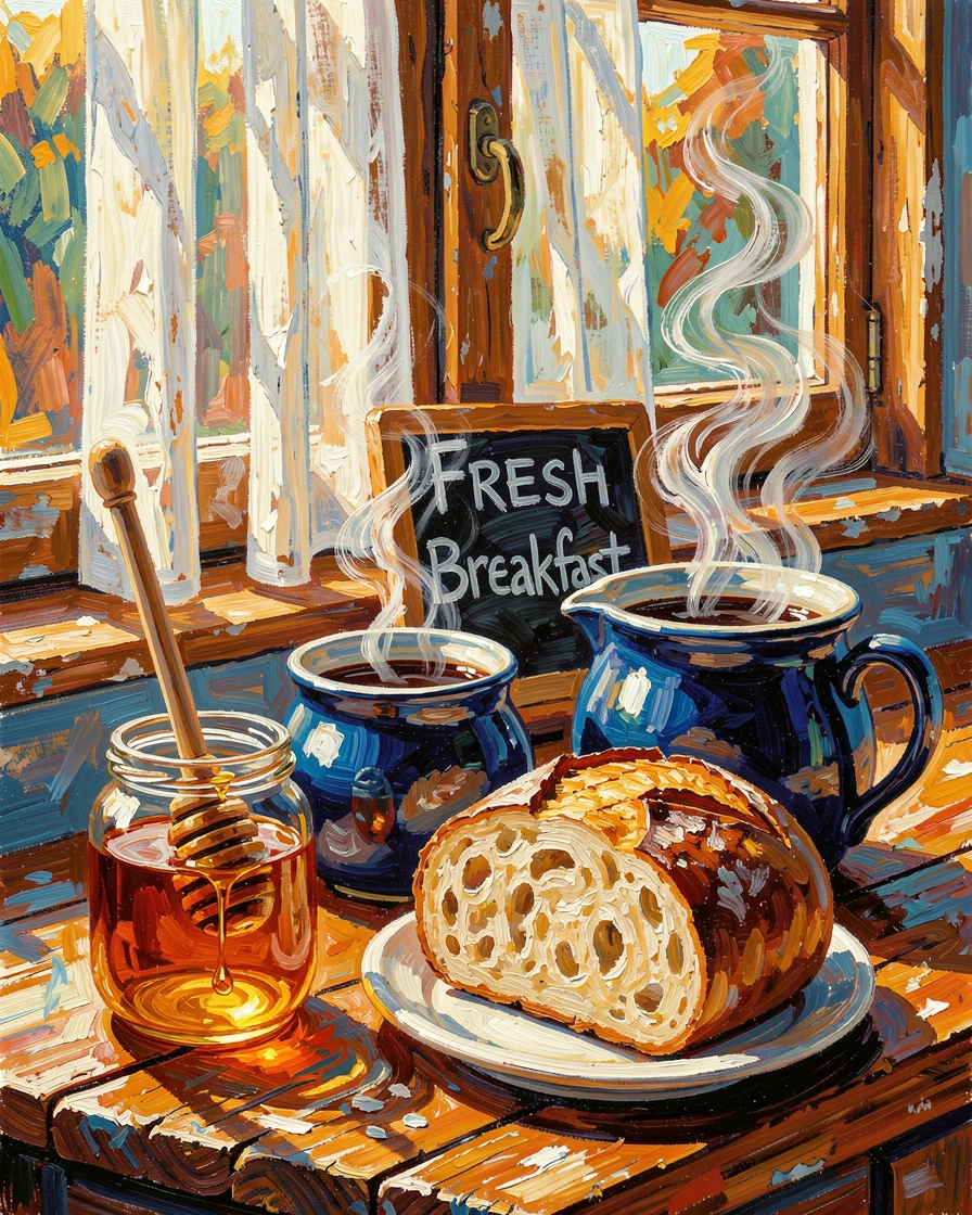 A rustic breakfast spread of fresh bread, honey, and a steaming pot of coffee by a window.