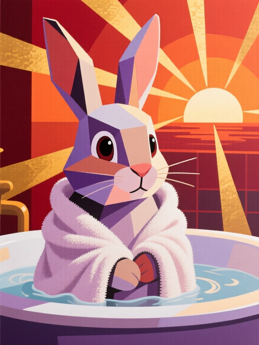 A charming portrait of a curious rabbit wrapped in a soft towel after a bath, at sunrise.