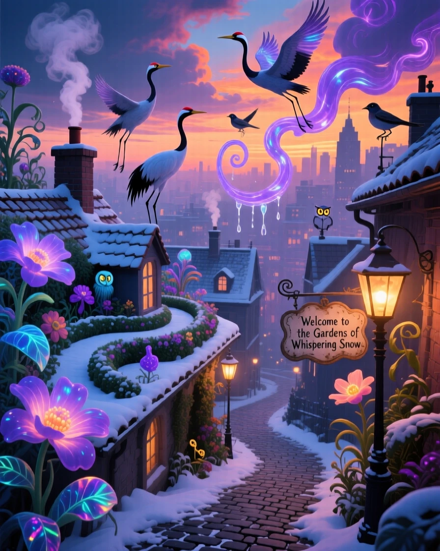 A city where every rooftop is a small, tended garden rests peacefully beneath a blanket of drifting snow, while smoke curls gently from a chimney into shapes of birds.