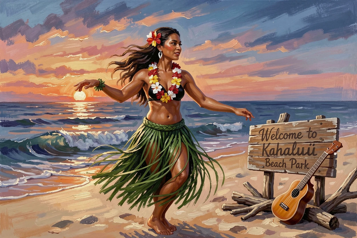 A traditional Hawaiian hula dancer performs on a beach at sunset, flower lei and grass skirt swaying gracefully with the ocean breeze, small cultural details woven throughout the scene, grounding it in a specific time and place.