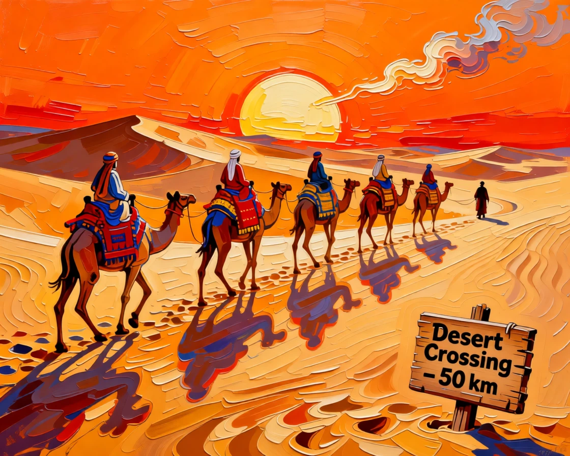 A camel caravan crossing a vast dune sea beneath a blazing orange sunset