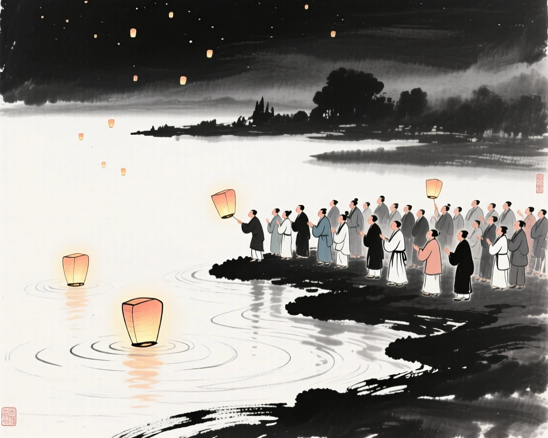 A crowd gathers along a riverbank to release floating lanterns at night, as distant laughter drifts across the quiet evening.