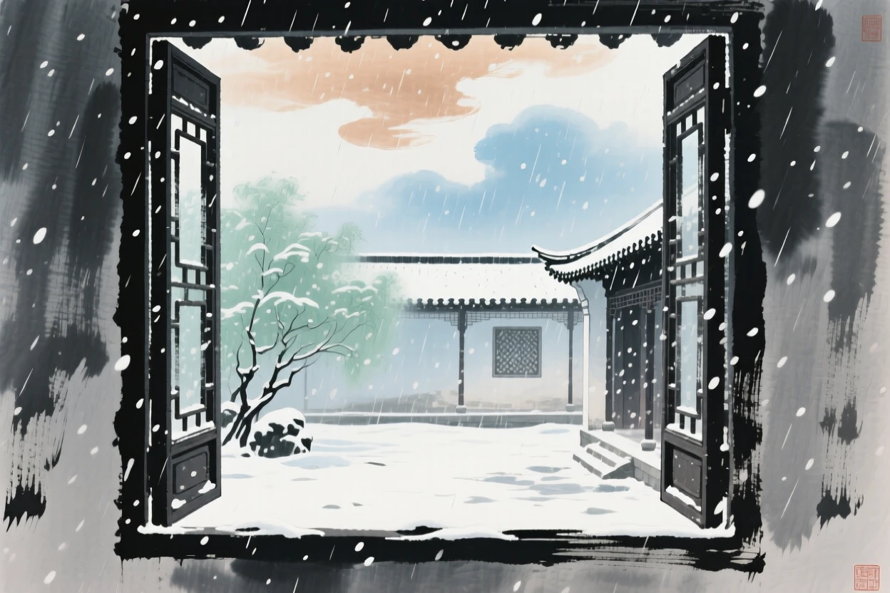 A solitary window open to a courtyard filled with falling snow, under drifting clouds, as summer rain begins to fall, evoking a sense of quiet solitude.