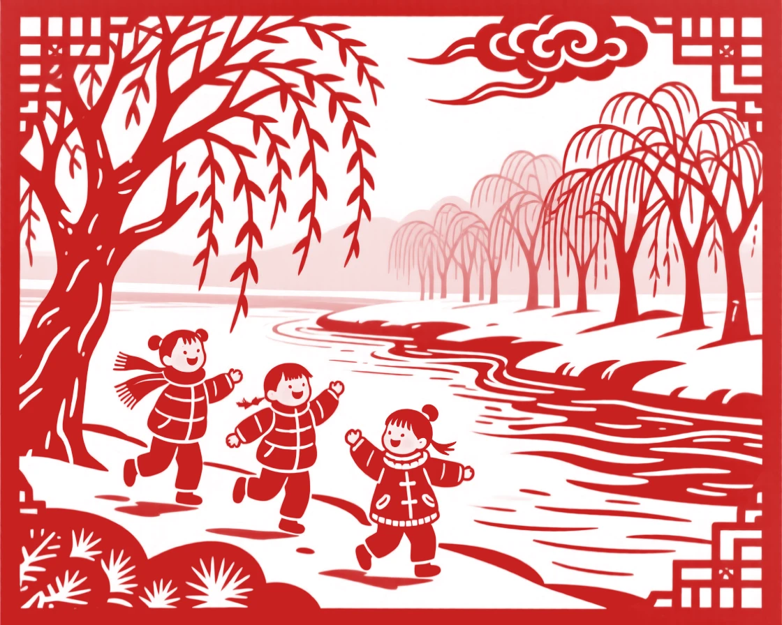 A Winter scene of a riverside willow grove, children playing in the crisp open air.