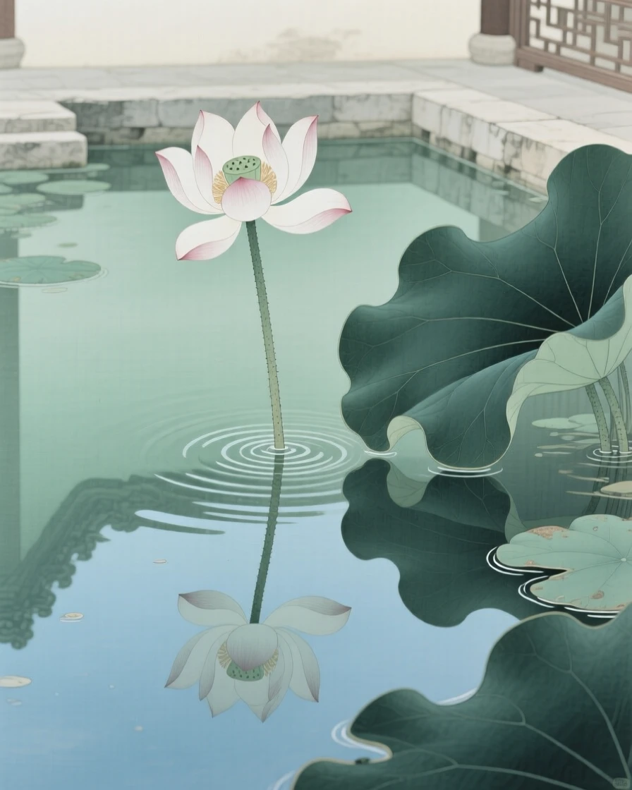 A single lotus flower rising above still water reflected in the still water of a courtyard pond