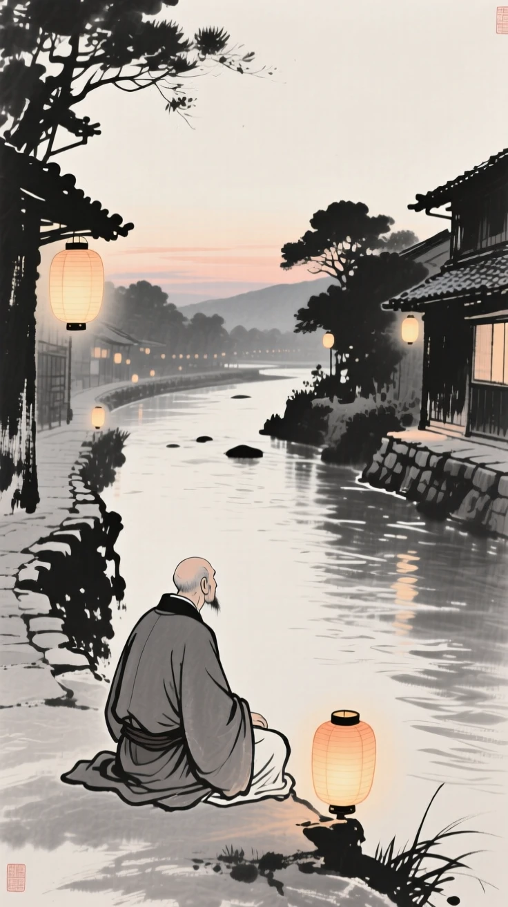 A wandering scholar resting beside a quiet river along a lantern-lit street at dusk, seen from behind, gazing out toward the horizon, conveying quiet devotion and simple contentment.