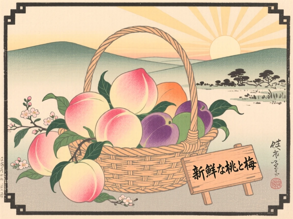 A basket of fresh peaches and plums catching the morning light.