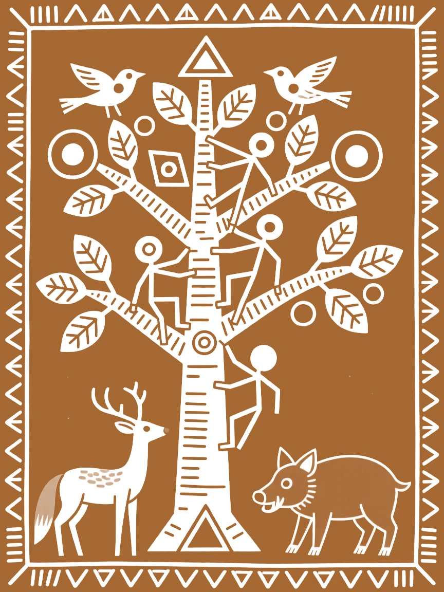 A large ceremonial tree of life filled with birds, animals, and climbing figures.