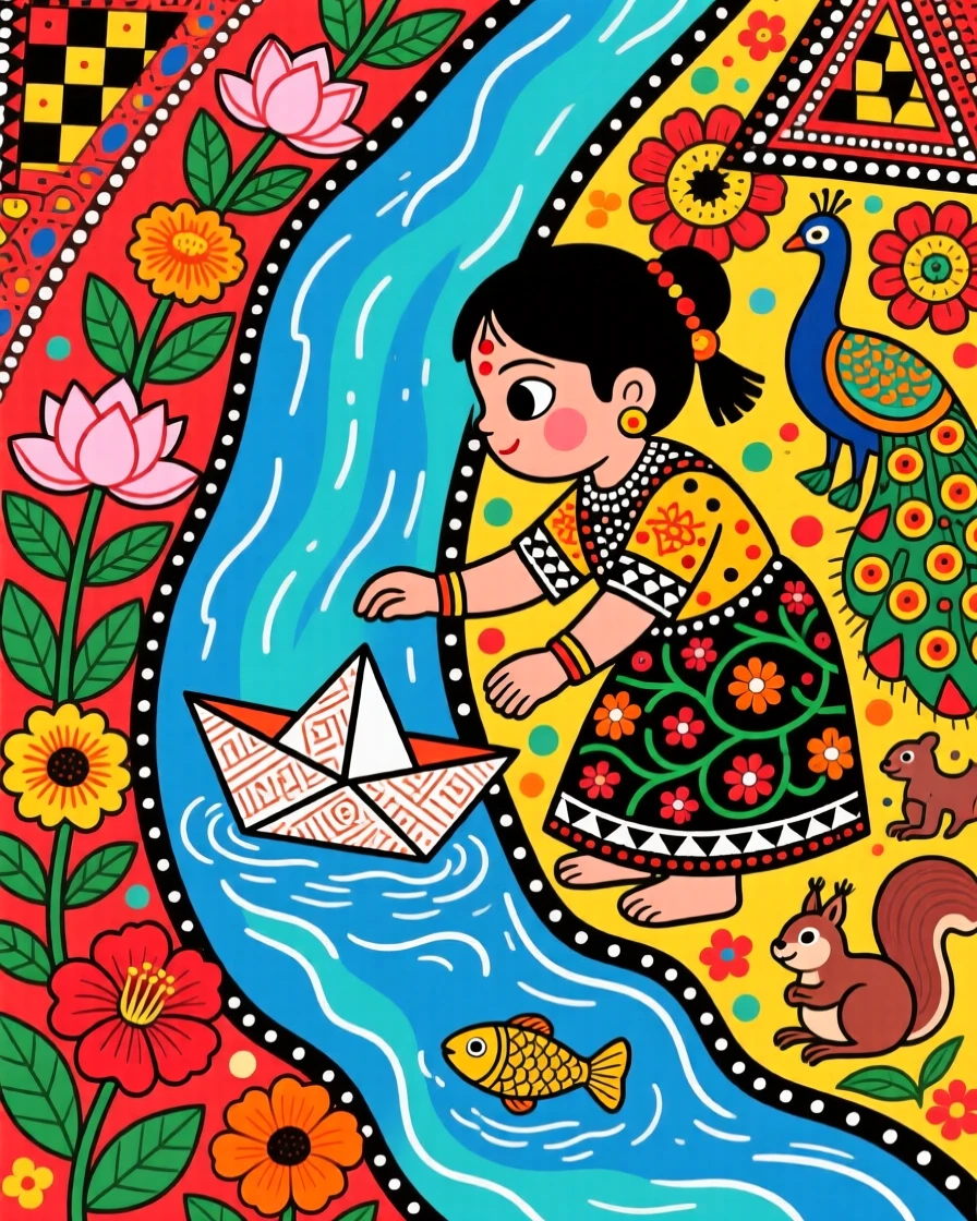 A child releasing a paper boat into a gently flowing stream.