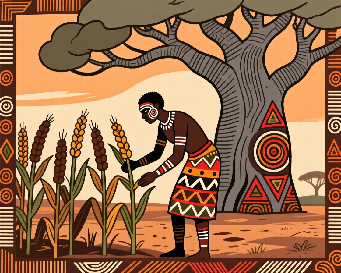 A farmer inspecting his ripening crops under the shade of a large baobab tree.