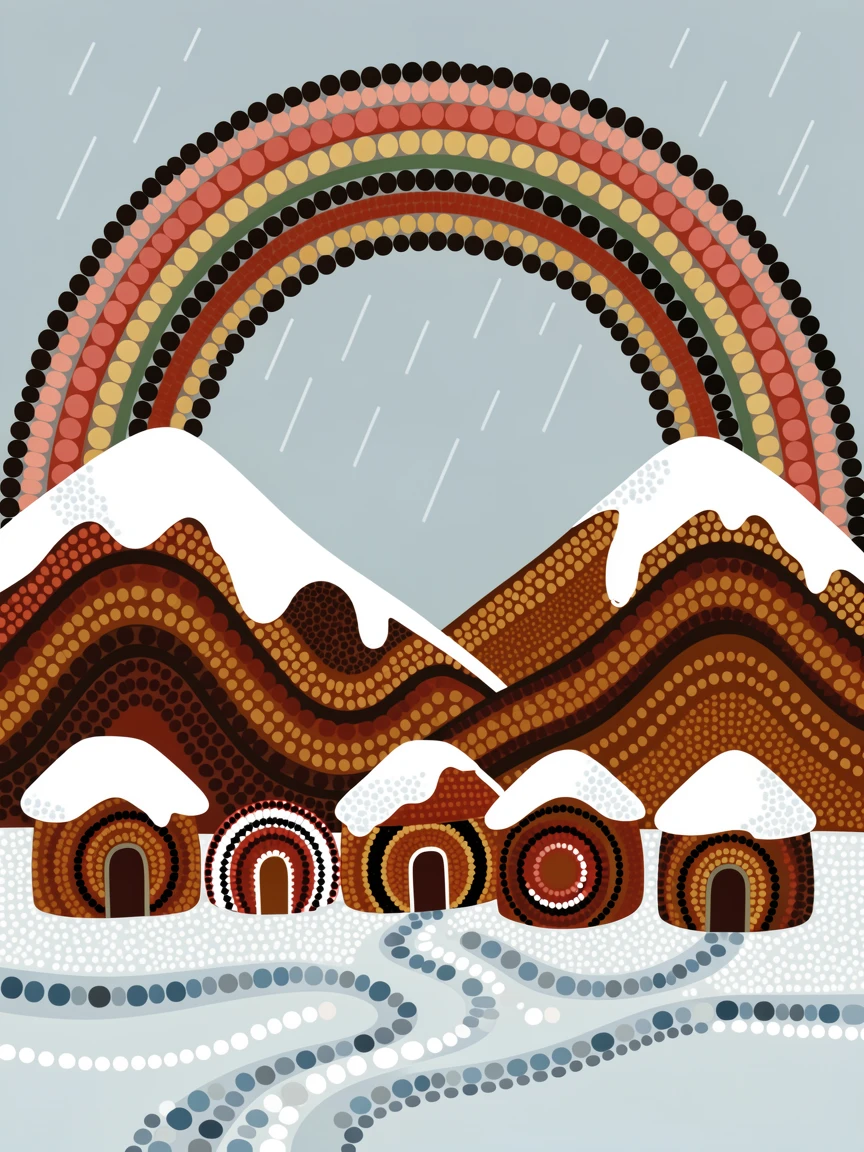 A snowbound mountain village beneath a rainbow after rain