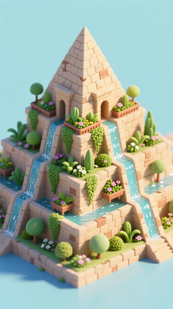 An ancient Babylonian ziggurat with hanging gardens cascading down terraced levels, irrigation channels glistening in the sun.