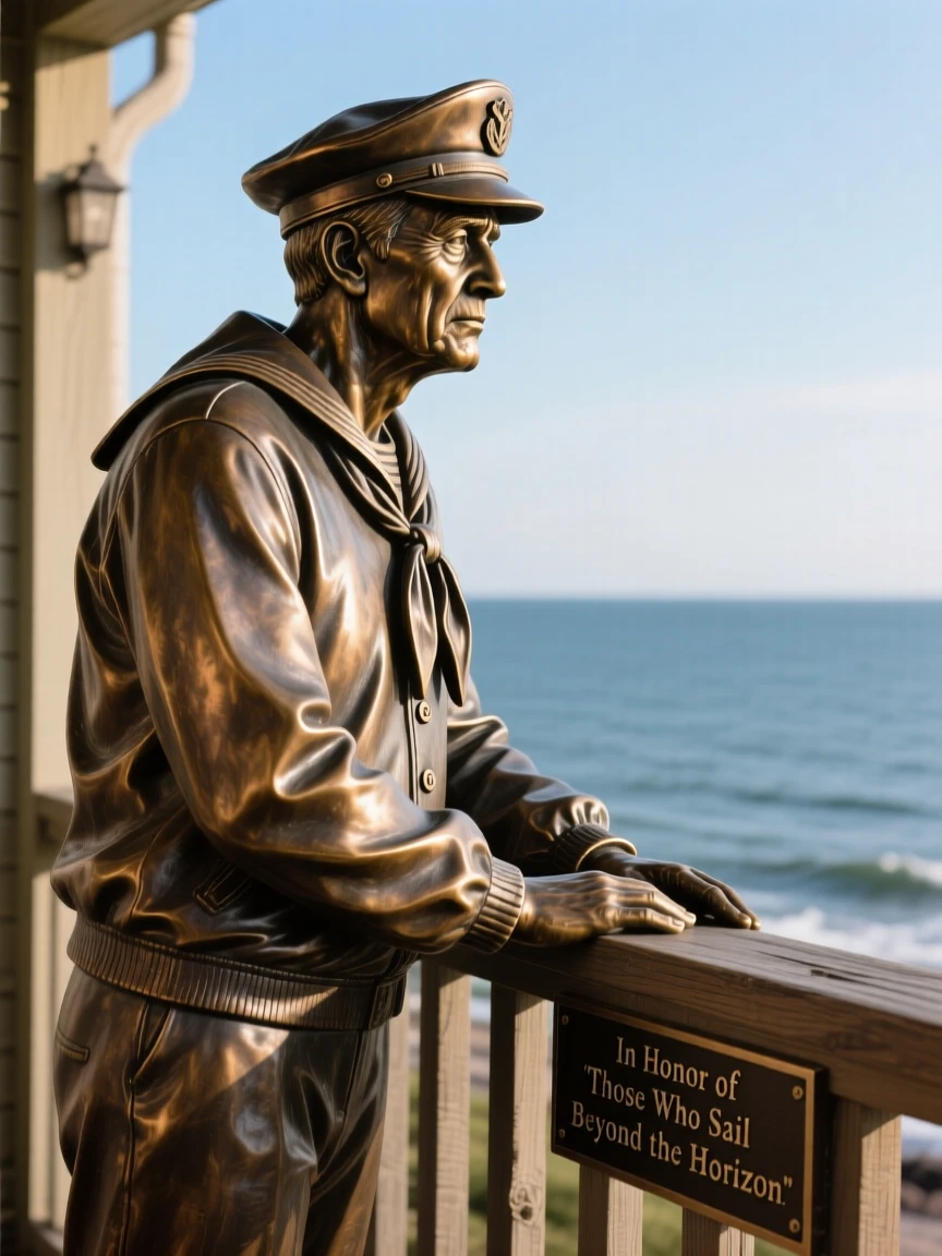 A retired sailor gazing at the sea from a porch, in a moment of pure emotion, forming a strong central focal point