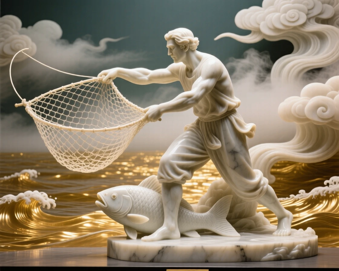 A beautifully composed image of a fisherman casting his net into golden waters, amid swirling clouds and mist, full of atmosphere and visual storytelling