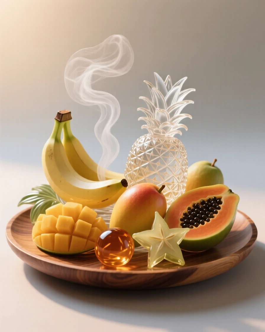 A spread of tropical fruit arranged on a wooden platter, as steam rises gently into the morning air