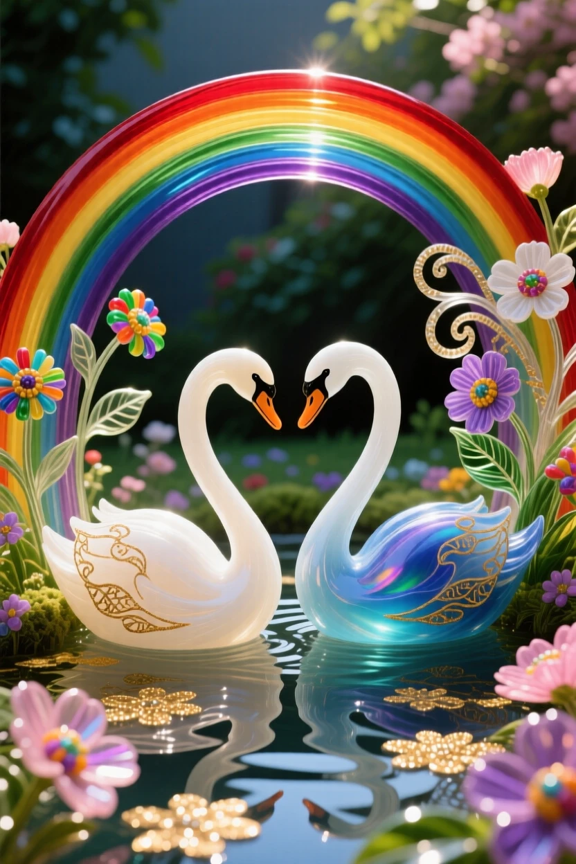 A pair of swans gliding beneath a rainbow arching over a blossoming garden at midday, tender and hopeful.