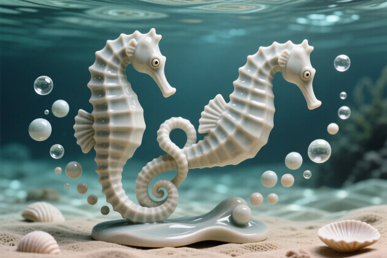 A delicate seahorse pair intertwined by their tails captured mid-glide through crystal waters, surrounded by drifting bubbles, stirring wonder at the mysteries of the deep.