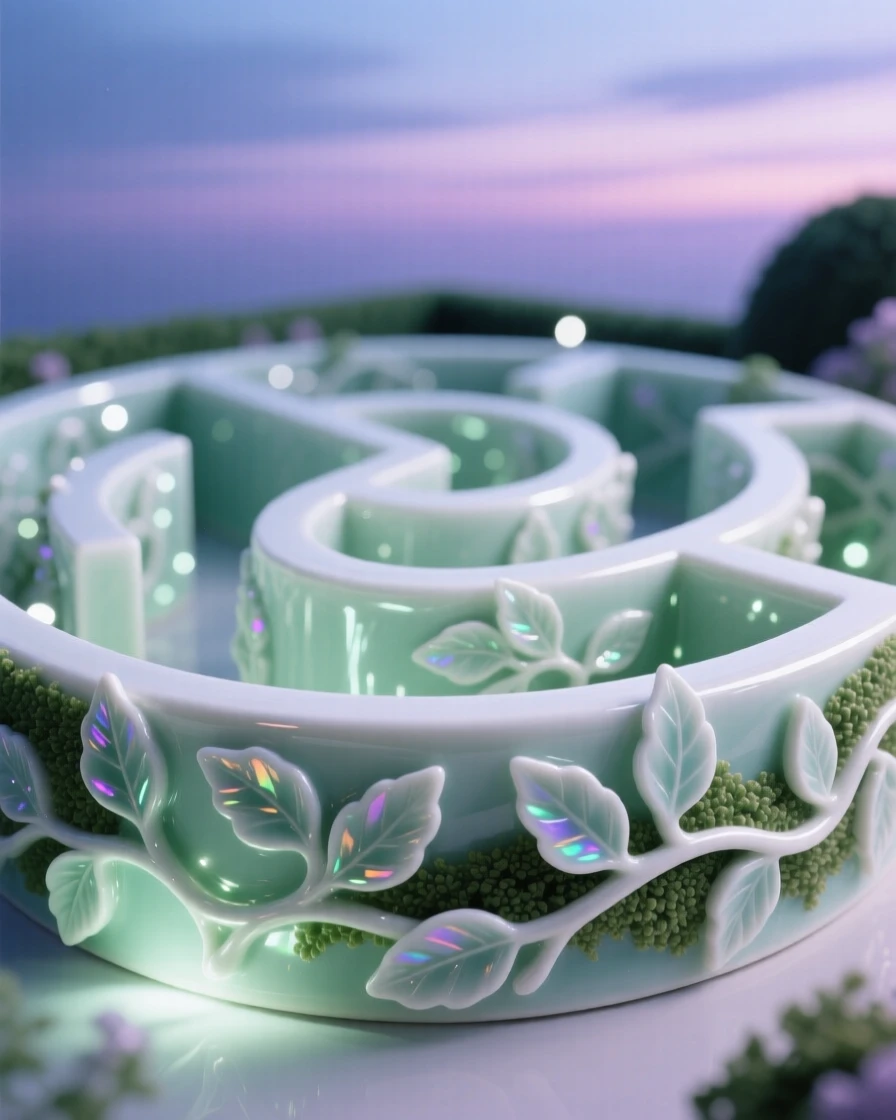 An imaginative vision of a garden maze whose hedges shimmer faintly with light, glowing softly against a twilight sky.