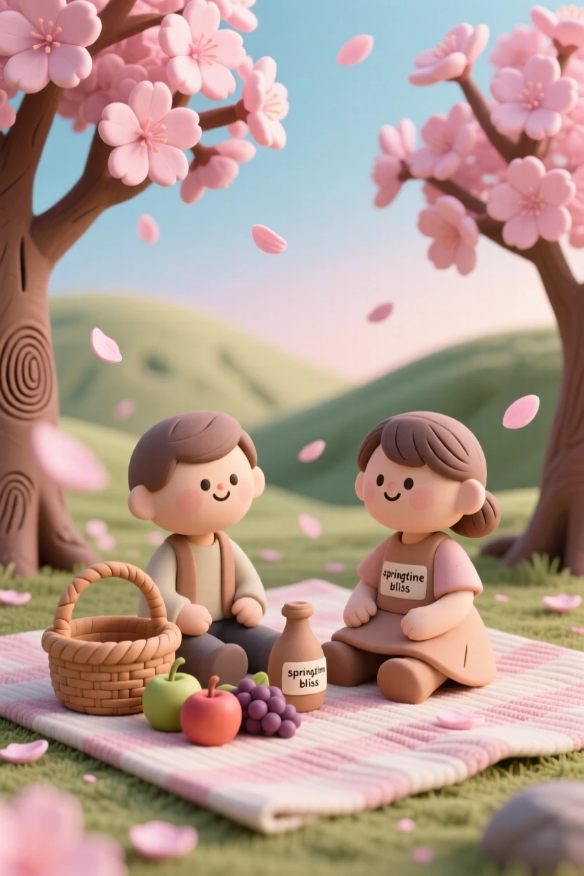 A springtime cherry blossom picnic beneath falling pink petals