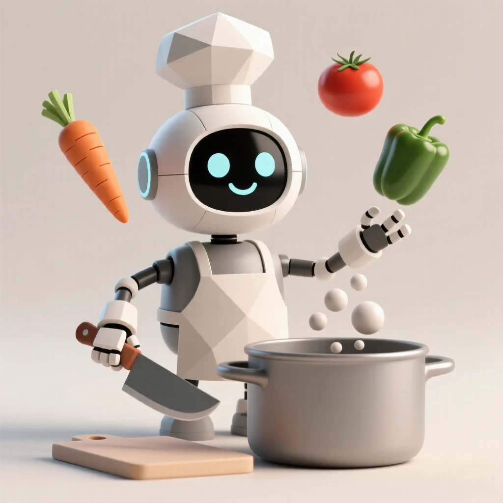 A cheerful robot chef juggles vegetables while chopping ingredients for a bubbling pot of futuristic soup.