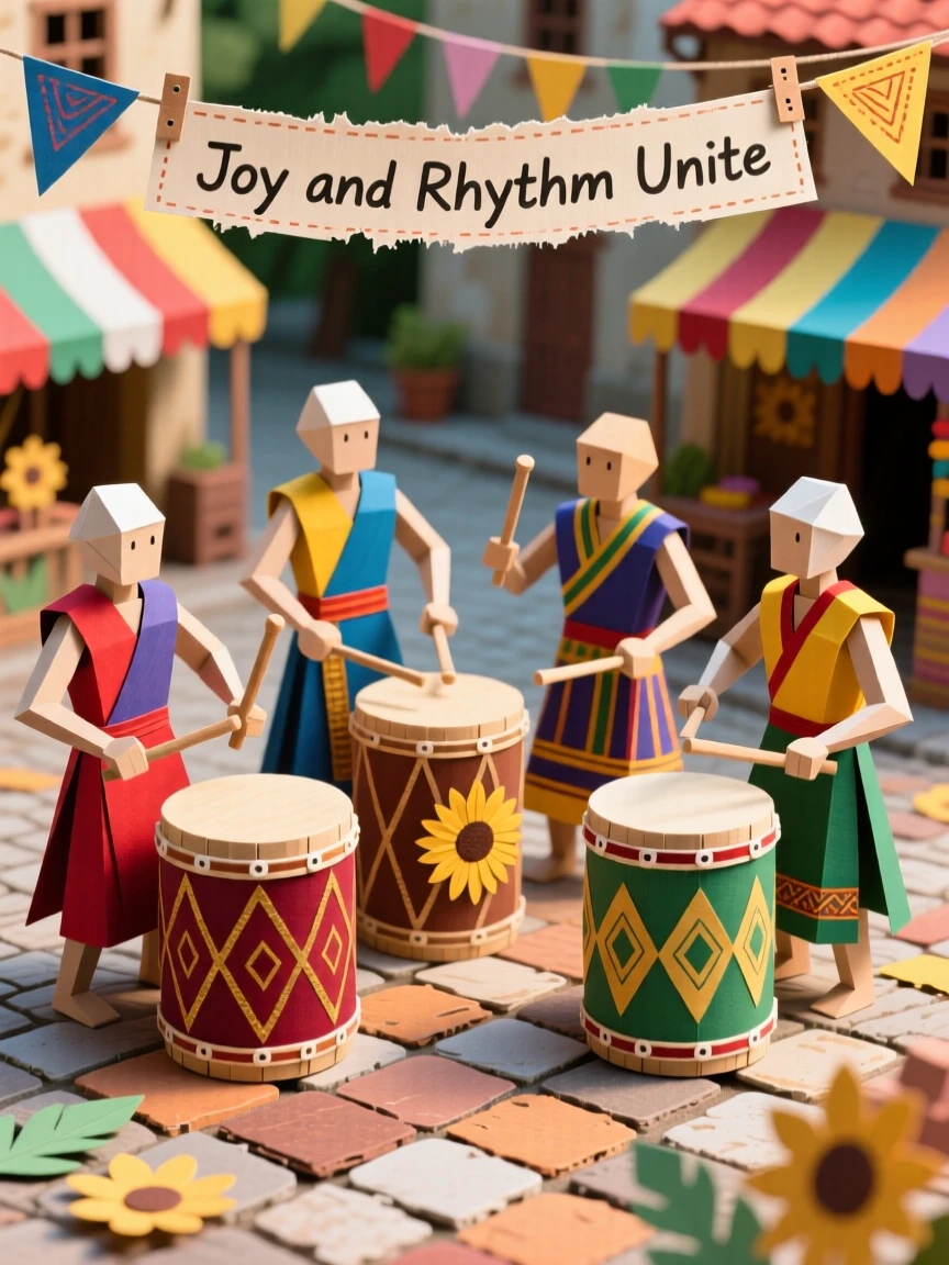 A group of ceremonial drummers celebrated in a lively village square, with vibrant colors and fabrics on display, evoking timeless artistry and devotion.
