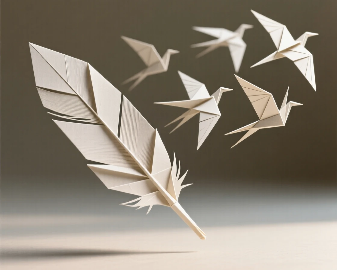 A single feather transforming mid-air into a flock of birds taking flight.