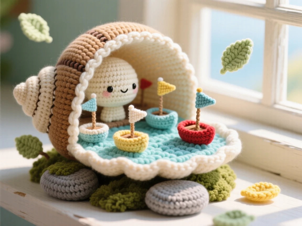 a miniature harbor built inside a giant snail shell, with tiny boats bobbing gently, resting on a garden stone, resting on a warm sunlit windowsill, with a soft breeze carrying tiny leaves, evoking gentle magical wonder.