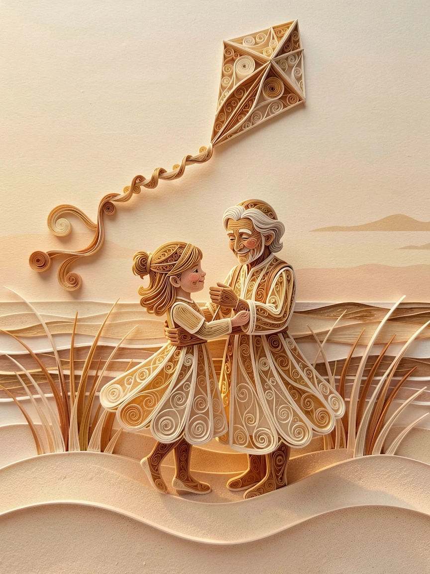 a child and grandparent flying a kite together in a field, on a quiet beach at golden hour, composed with the subjects gently embracing at the center, in soft, cozy tones of amber and cream.