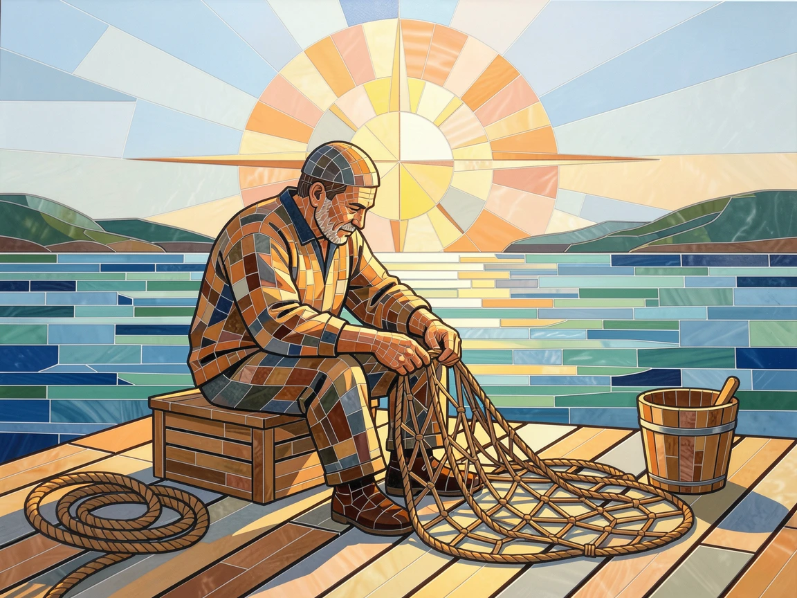 A fisherman mending his nets at sunrise on a quiet harbor dock.