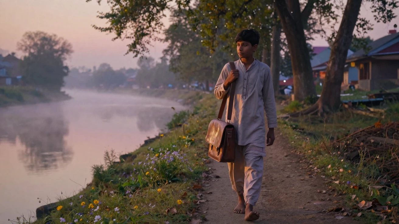 A teenage Nepali teacher walking home along a quiet lane along a quiet riverbank at sunrise