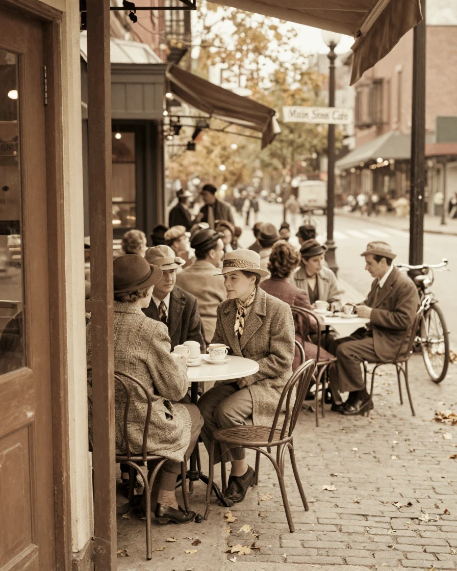 A crowded outdoor café spilling onto a lively city sidewalk, in low lamplight, in still, windless air, in the mild days of early autumn, in warm honey and cream tones, framed through an open doorway.