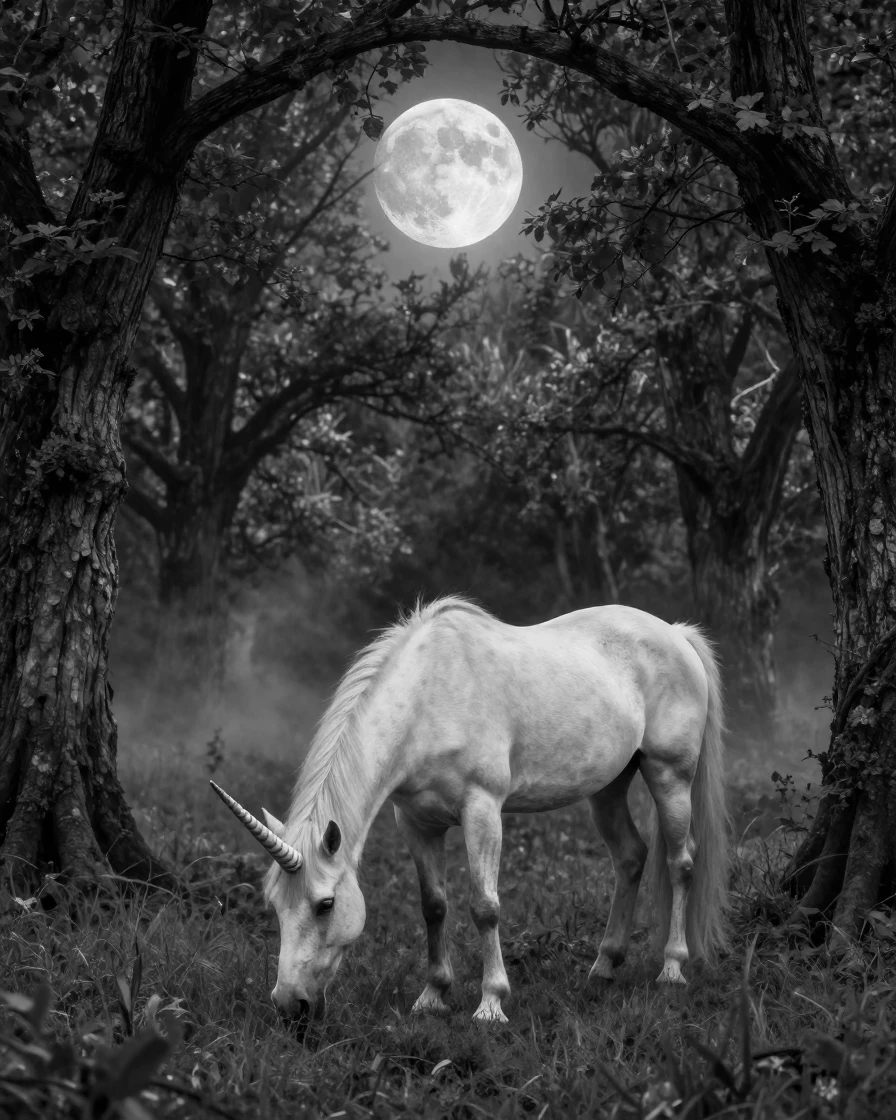 A unicorn grazes peacefully in a moonlit glade under a silver full moon.